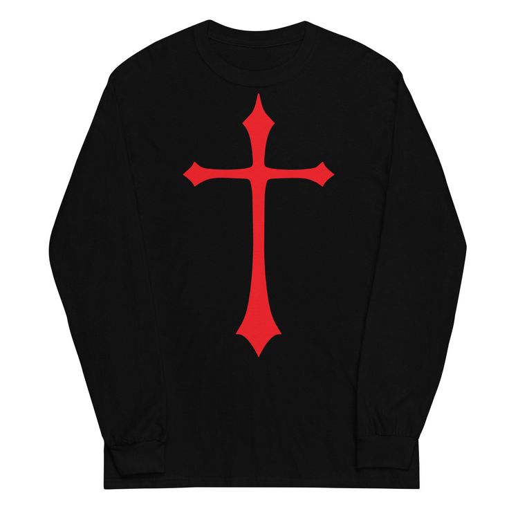 Gothic Sub-Culture and the crosses they bear are symbolism for romance and emotional dark energy. The Holy Cross represents a passion for questioning the world around them with lore and fantasy of a Vampiric nature. The immortality through Religion is mocked by the immortality through Vampires and creatures of the night. This shirt design represents these desires. Gothic Deathrock Horror Clothing. A good long-sleeved shirt is a men's fashion must-have. Add this wardrobe essential to your collection, and have a great to-go option for a casual look, or a relaxed business outfit. * 100% cotton * Sport Grey is 90% cotton, 10% polyester * Classic fit with long sleeves and rib cuffs * Pre-shrunk jersey knit * Seamless double-needle 7⁄8'' (2.2 cm) collar * Double-needle bottom hem * Taped neck an Black Cross Shirt, Horror Clothing, Horror Clothes, Red Gothic, Cross Shirt, Cross Shirts, Dark Energy, Gothic Metal, Holy Cross