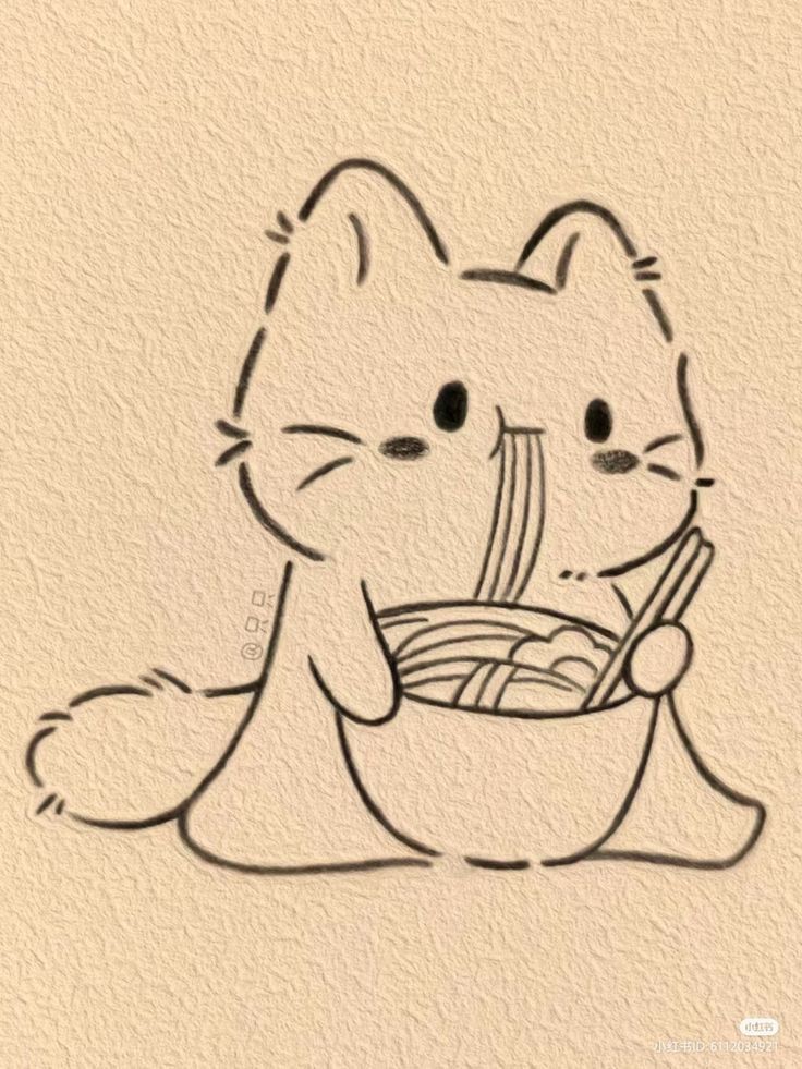 a drawing of a cat eating noodles from a bowl