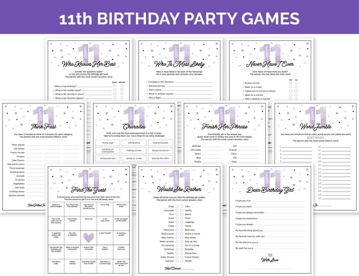 printable birthday party games for girls with purple and white numbers on the front, one in