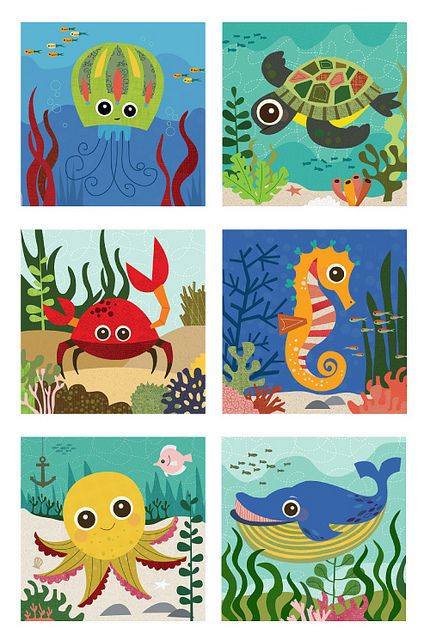 four different pictures of sea animals in various colors and sizes, one with an octopus, the