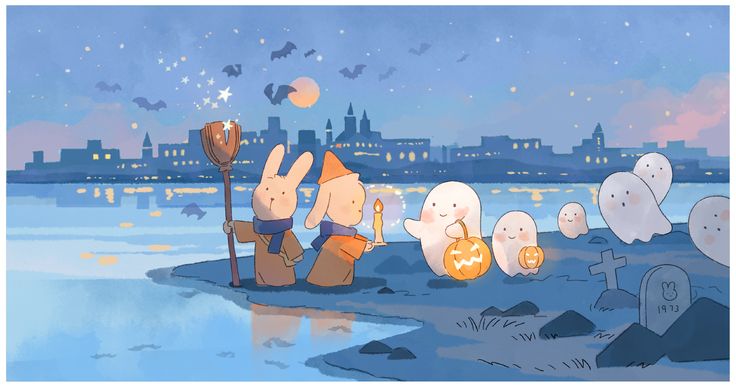 cartoon characters with pumpkins and bats on the beach