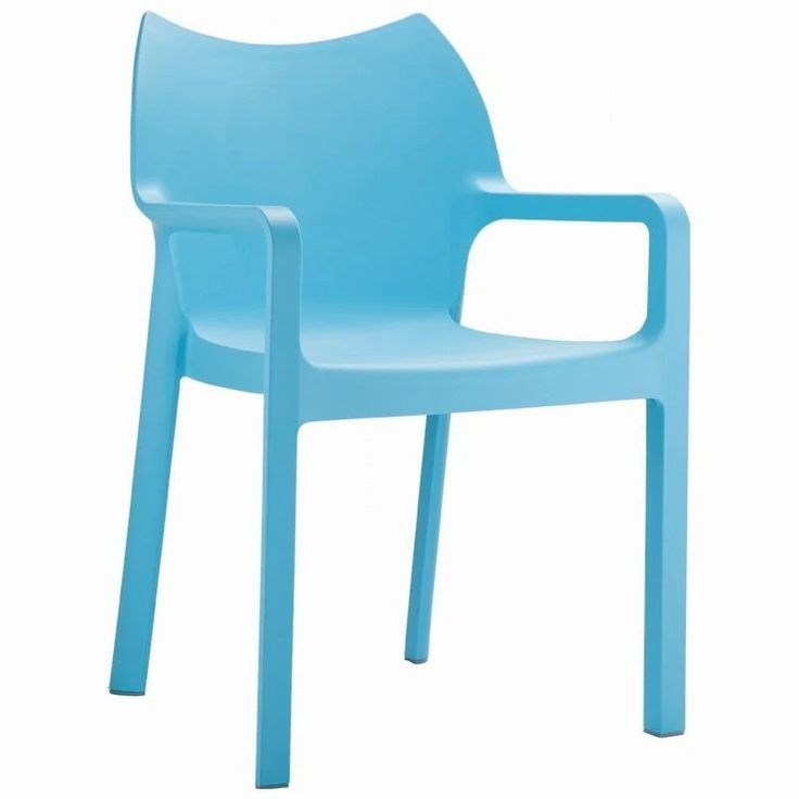 a light blue plastic chair with arms and legs, viewed from the front on an isolated white background