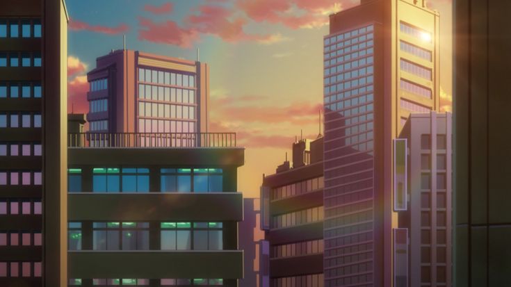 an animated cityscape with skyscrapers at sunset