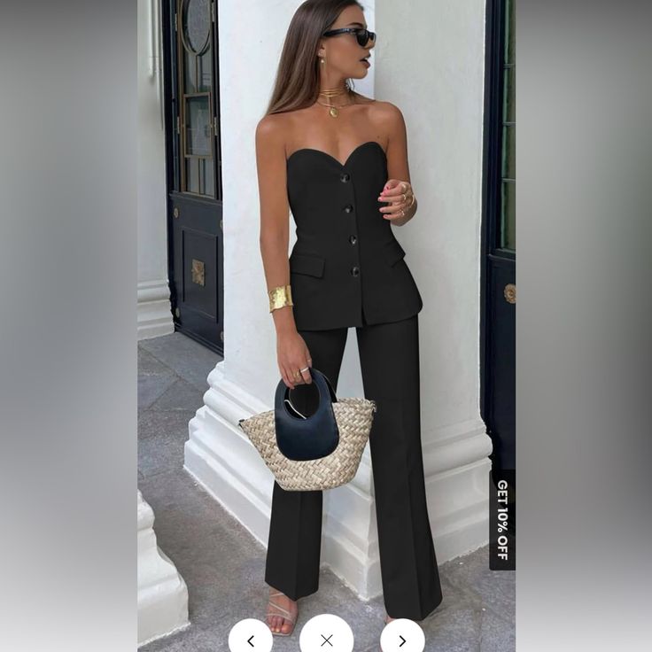 Composition: 94% Polyester, 6% Elastane Design: Plain Style: Casual Thickness: Regular Material: Woven Fabric Occasion: Leisure Black Pantsuit, Black Pant Suit, Cream Trousers, Professional Wear, Guest Attire, Plain Style, Wedding Attire Guest, Summer Suits, Bustier Top