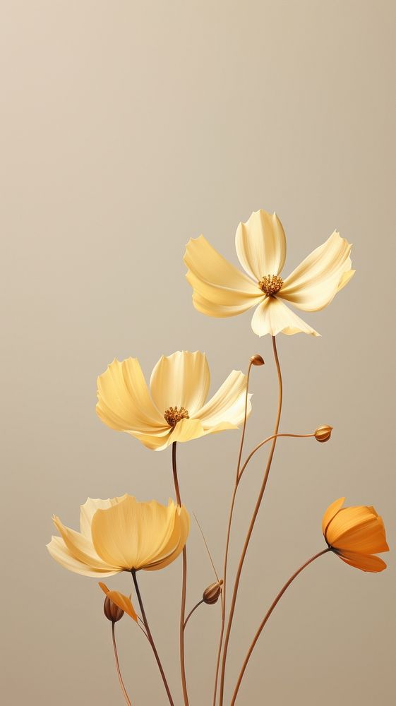 three yellow flowers are in a vase on a gray background with no one around them