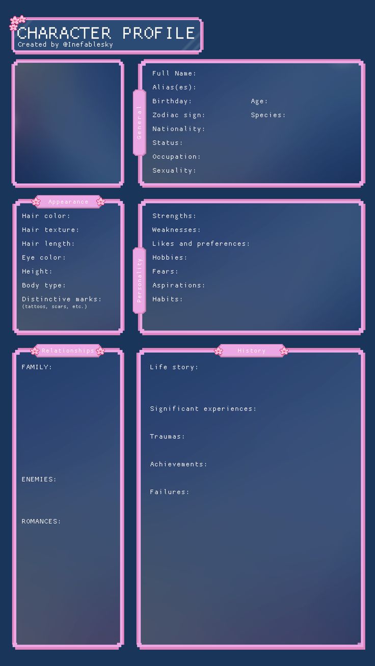 a blue and pink background with text that reads character profile on the bottom right corner