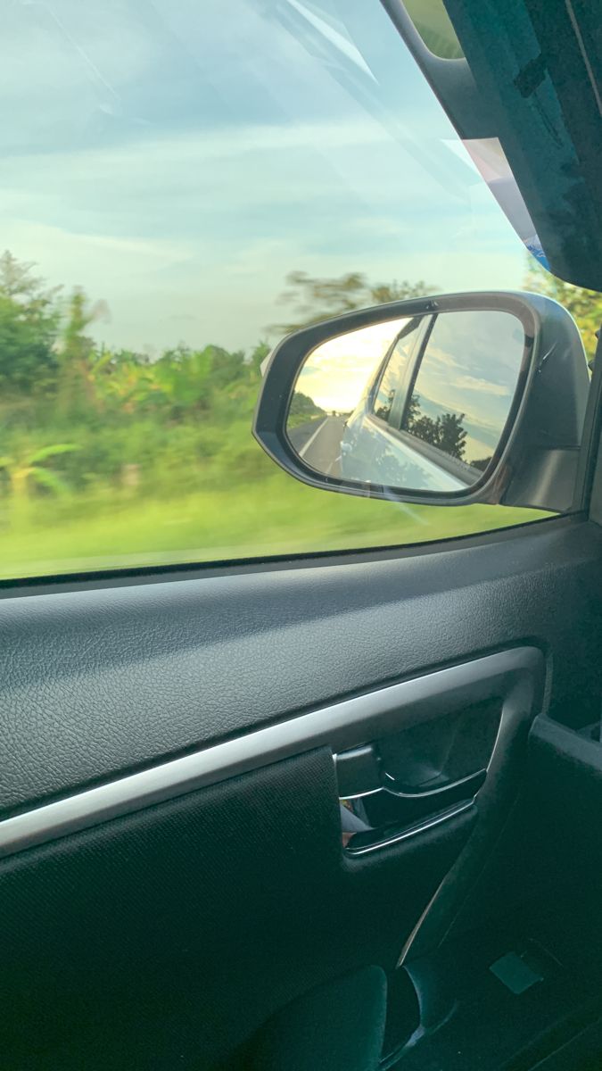 the rear view mirror of a car with trees and grass in the backgroud