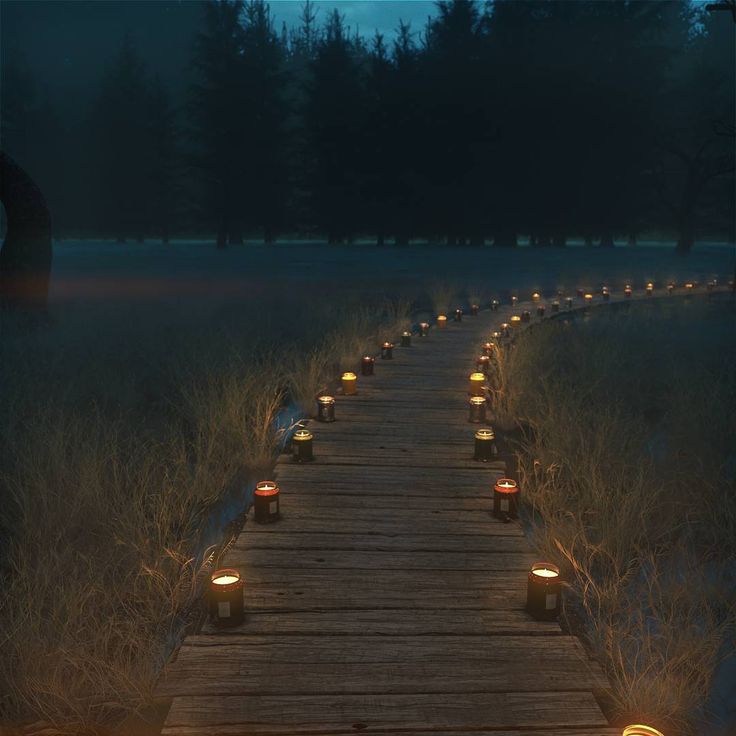 many lit candles are placed on a wooden path in the middle of a grassy field