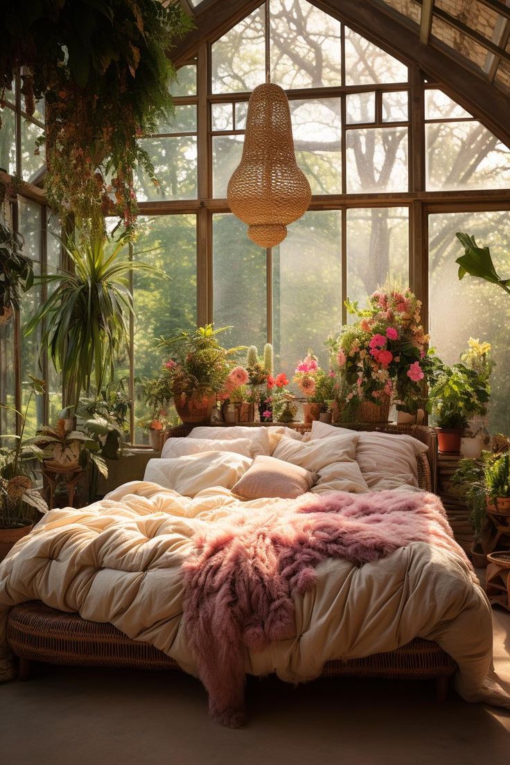 a large bed sitting under a window in a bedroom next to potted plants and flowers