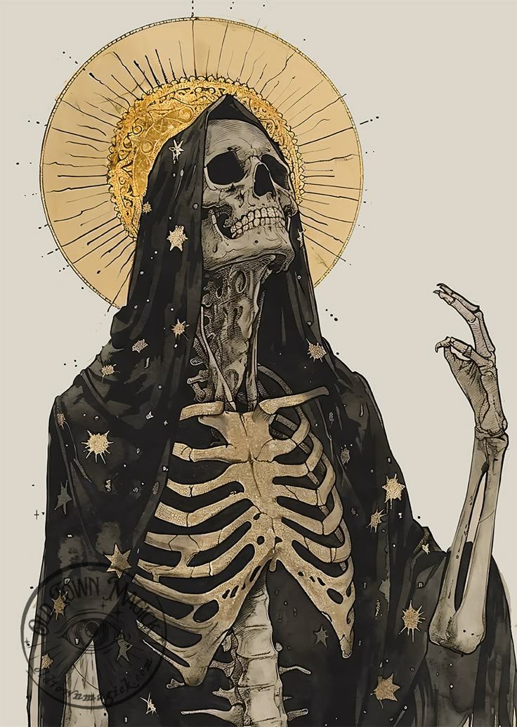 a drawing of a skeleton wearing a black robe and holding a gold star above his head