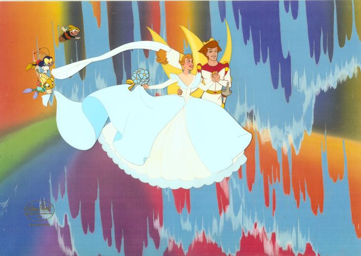 the princess and the frog are flying through the air in front of a rainbow colored background