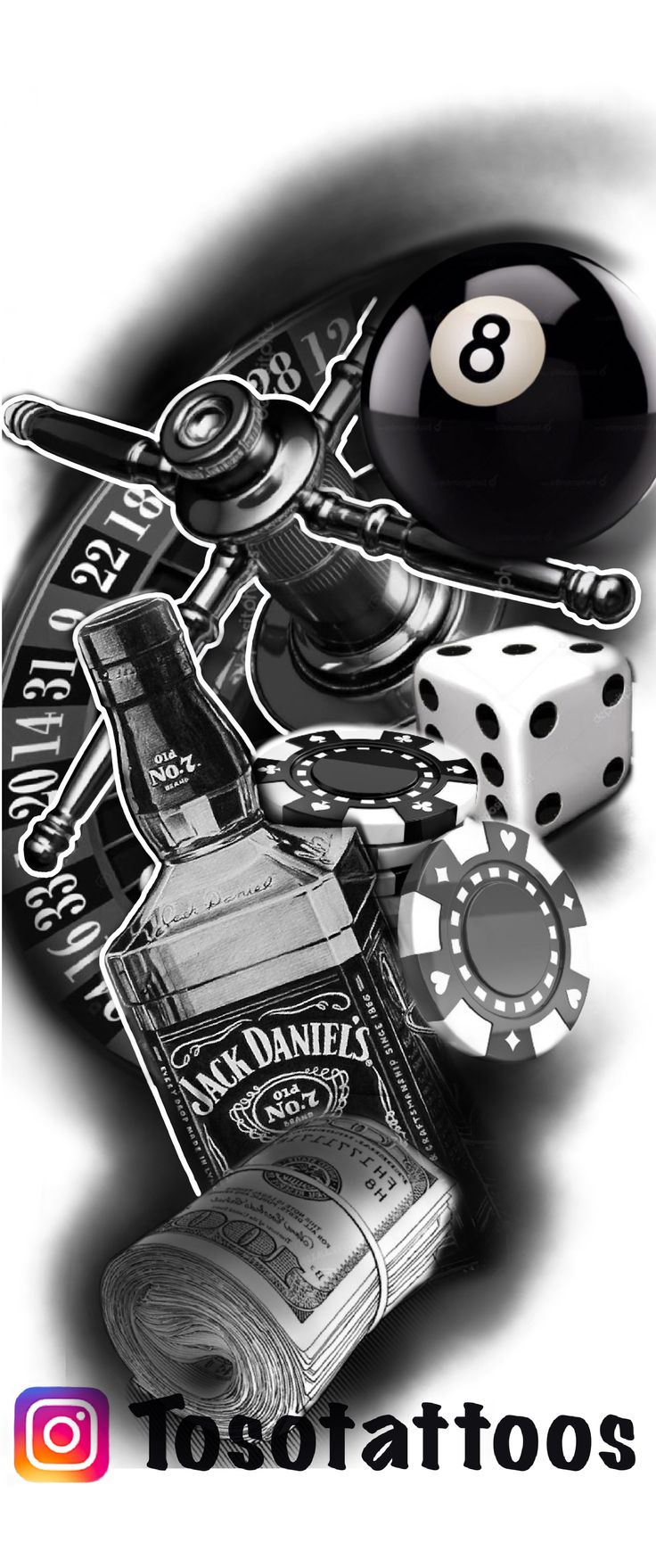 a black and white photo with dices, cards, and other gambling related items