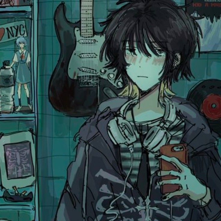 an anime character holding a cell phone in front of a room full of musical instruments