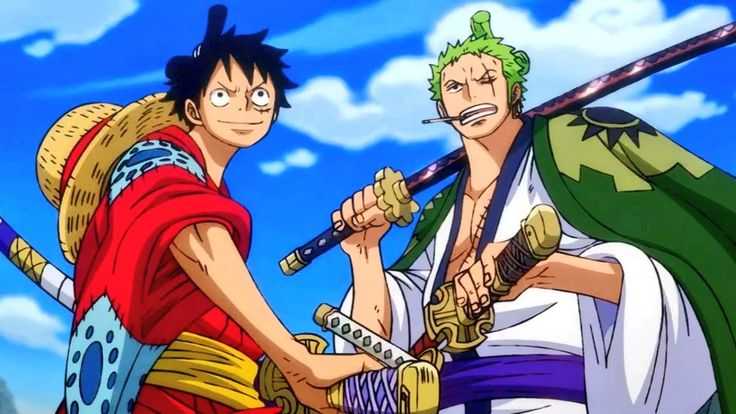 two anime characters with swords in their hands, one holding the other's hand