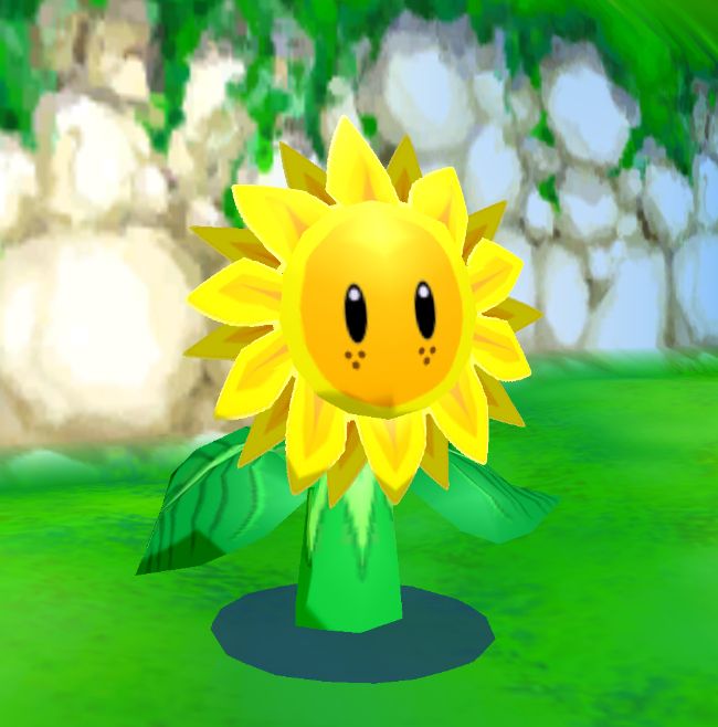 a cartoon sunflower sitting in the middle of a field with grass and rocks behind it