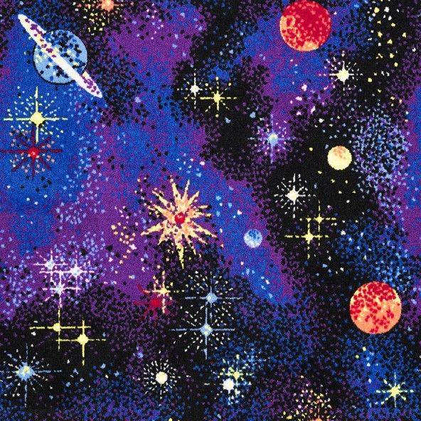 a space scene with stars and planets in purple, red and blue colors on a black background