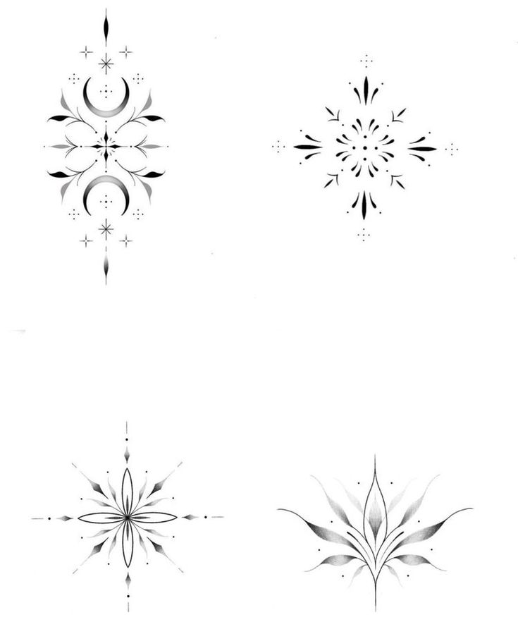 four different designs in black and white on a white background, each with an intricate design