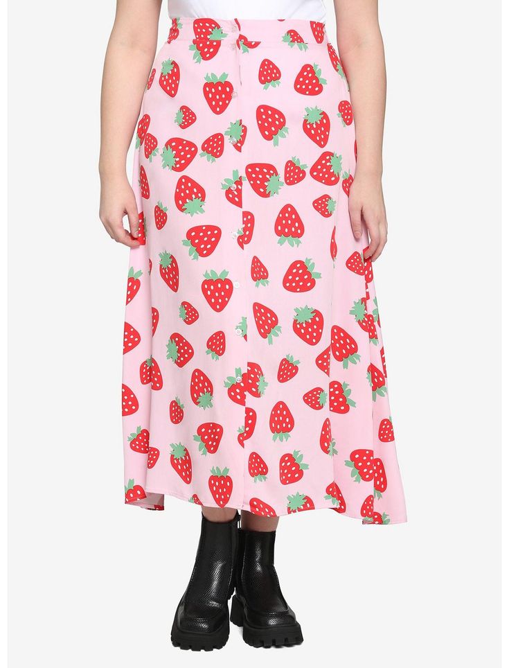 Strawberry Clothes, Maxi Skirt Plus Size, Hot Topic Clothes, Pink Maxi Skirt, Pink Midi Skirt, Crochet Midi, Skirt Plus Size, Her Universe, Pink Strawberry