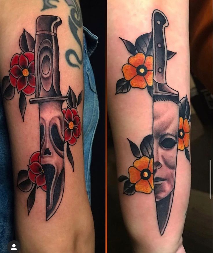 two tattoos on the arms of people with knives and flowers in them, one has a woman's face painted on it