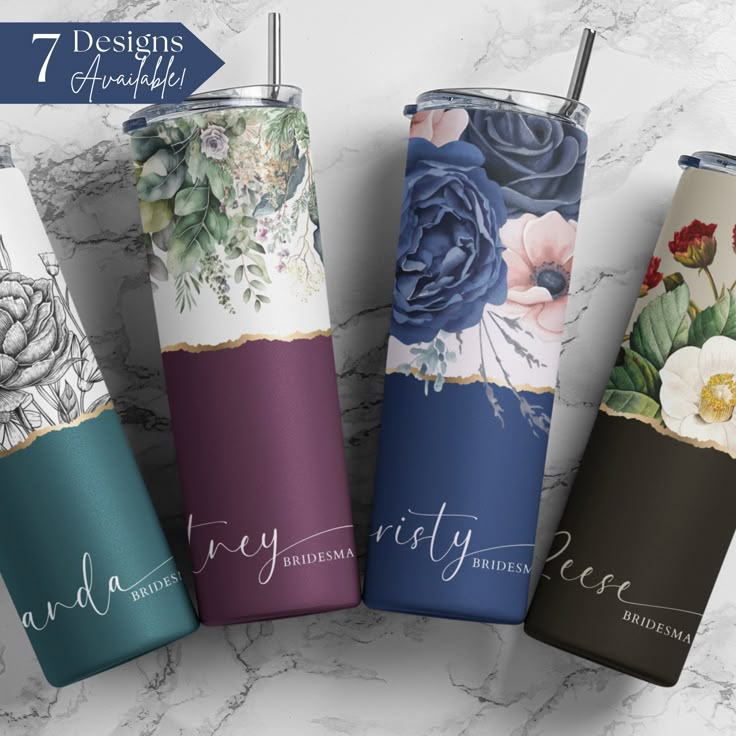 four personalized tumbles with floral designs on them