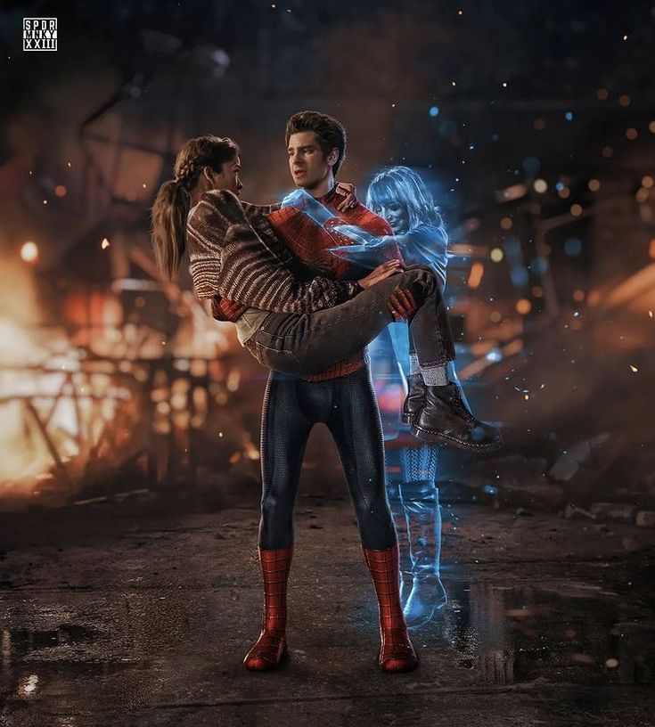 spider - man and woman standing in front of fire