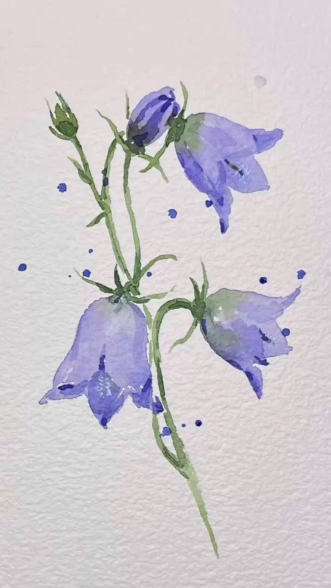 watercolor painting of purple flowers on white paper with blue dots around the edges and green stems