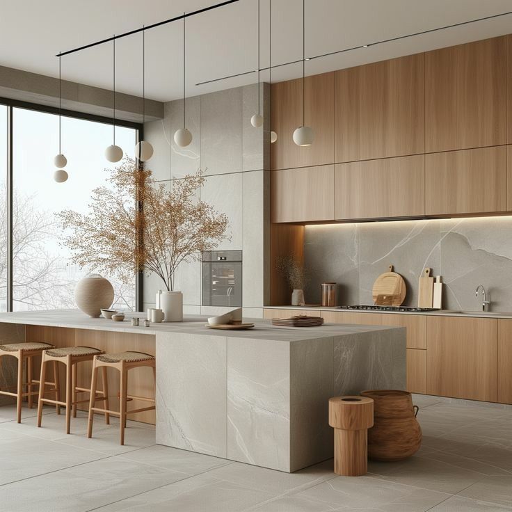 a modern kitchen with marble counter tops and wooden cabinets, along with stools that sit on the floor