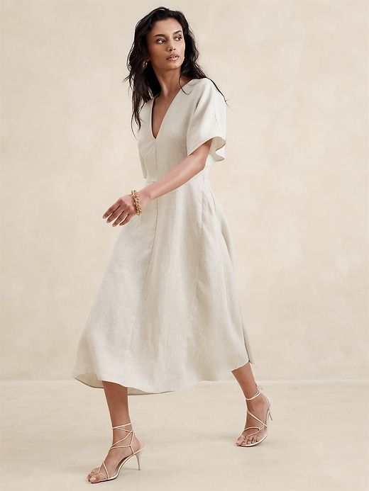 Maya Linen Midi Dress | Banana Republic Linen Dresses Summer Chic Wrap, Minimal White Dress With Sleeves, White Dress Modest Midi, Linen Dresses Elegant Summer, Long Sleeve Midi Dress Casual White, Cream Midi Shirt Dress, Modest White Midi Dresses, Midi White Dress Sleeves, Cotton Dresses Midi