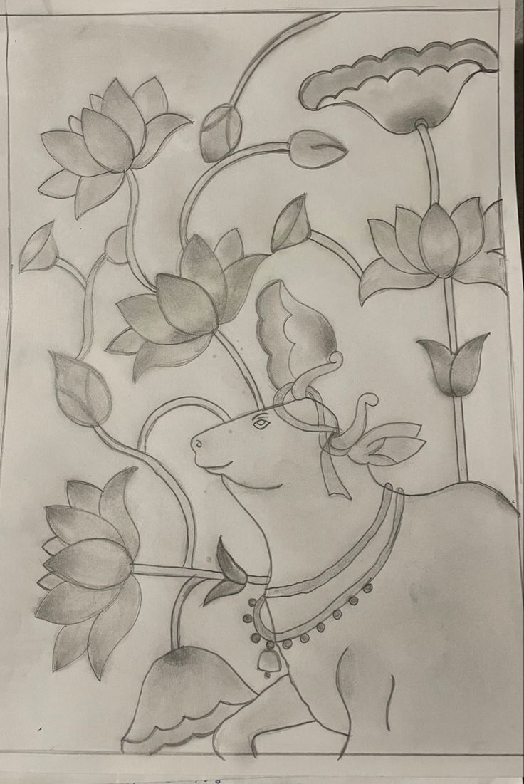 a pencil drawing of flowers and an elephant with leaves on it's back side