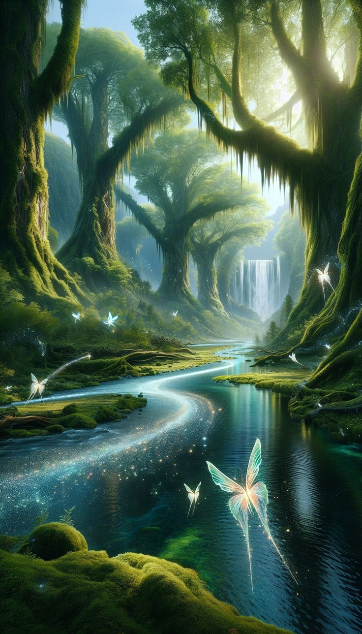 a painting of a fairy forest scene with water, trees and two butterflies flying over the stream