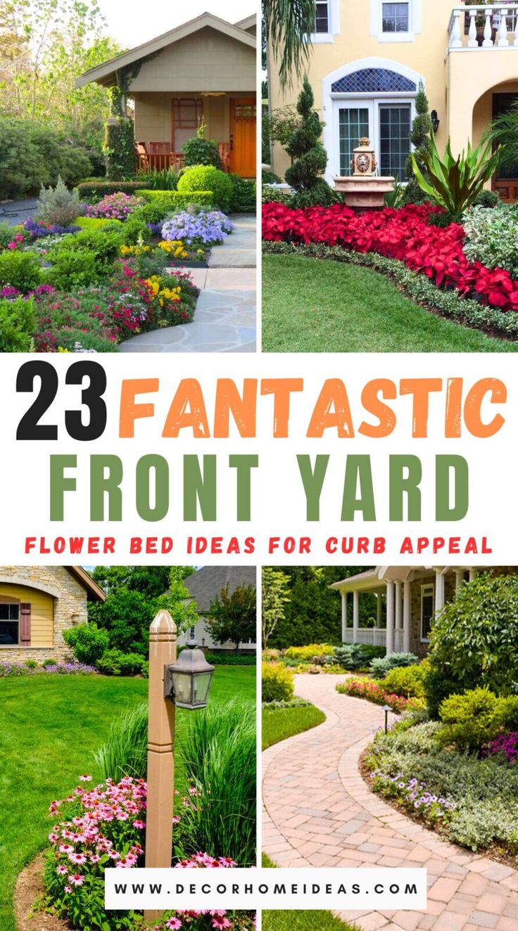 the front yard with flowers and landscaping around it, including plants in different stages of blooming