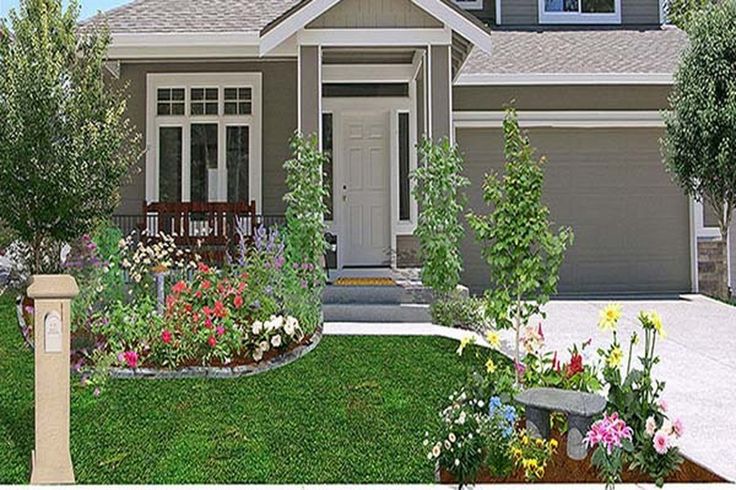 this is a computer rendering of a house in the front yard with flowers and trees