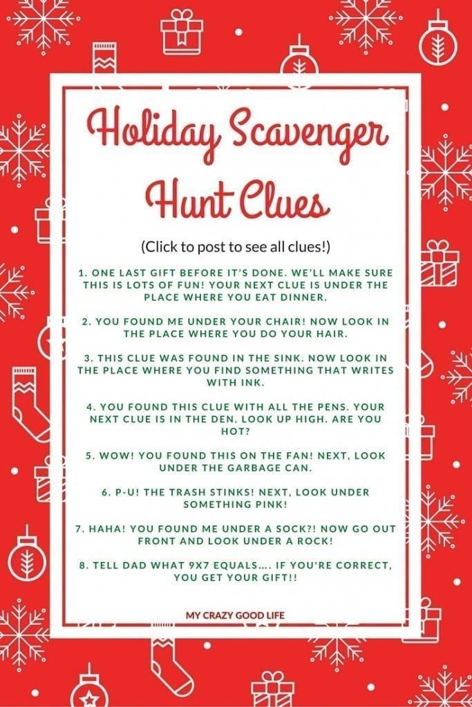 the holiday scavenger hunt clues is shown in red and white with snowflakes