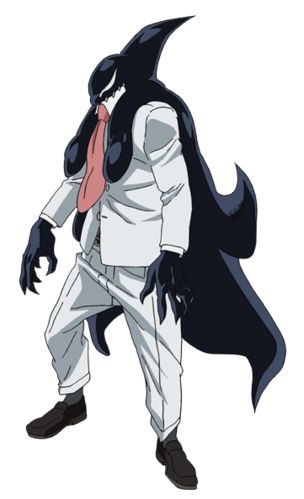 an anime character wearing a suit and tie with his hands in his pockets while standing