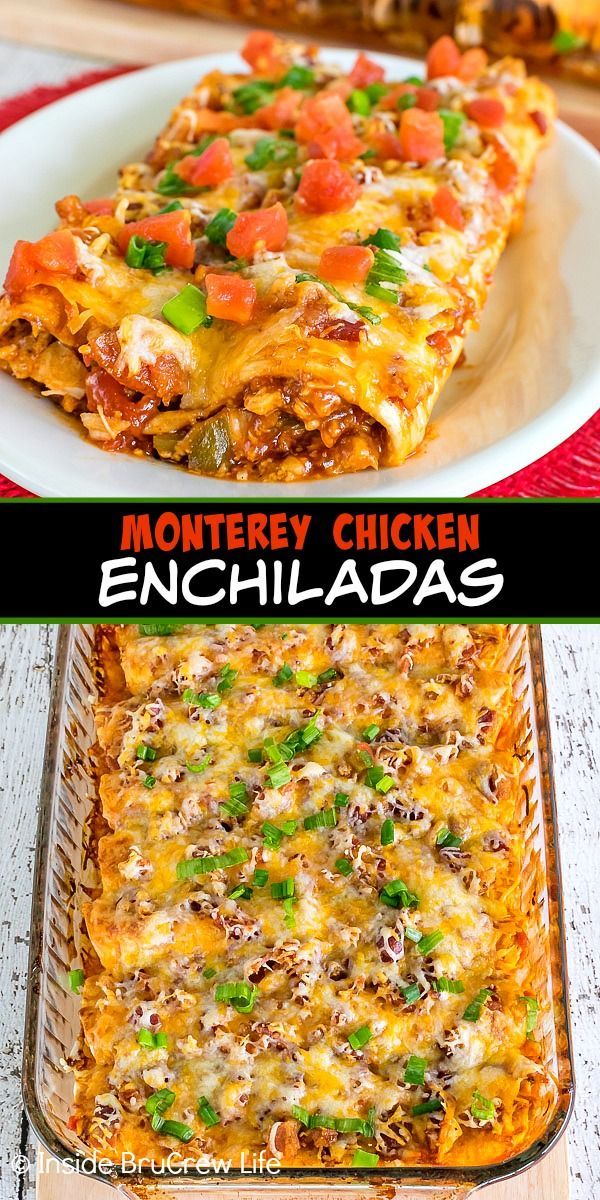 three different pictures of food that include lasagna, chicken and enchiladas