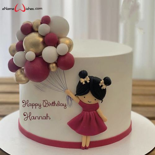 a birthday cake with a girl holding balloons