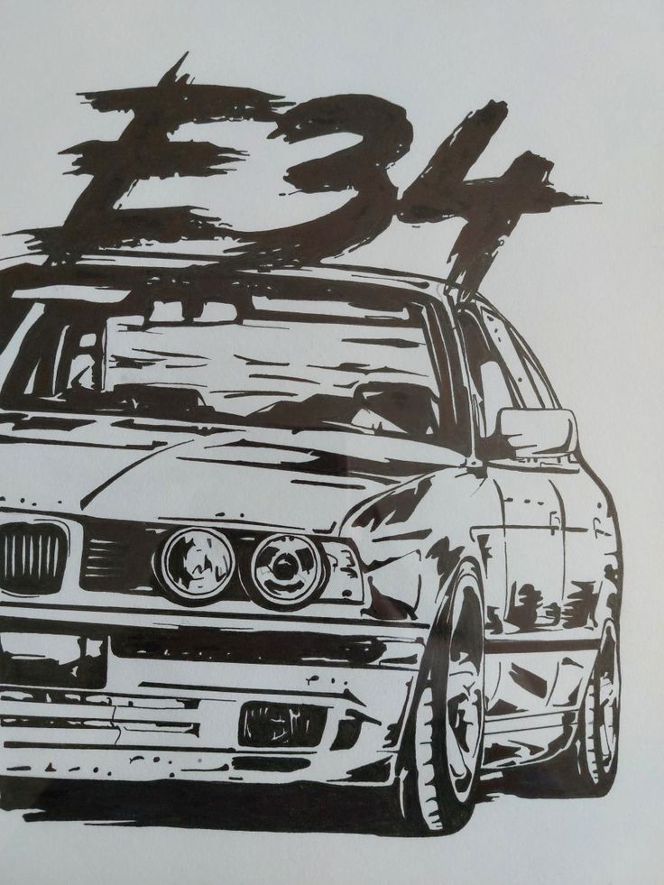 a black and white drawing of a car with the number thirteen on it's hood