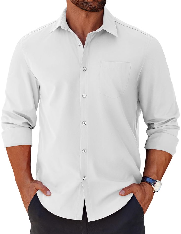 PRICES MAY VARY. Fabric - This men’s long-sleeve shirt is constructed from high-quality and breathable fabric, which offers exceptional durability and comfort, ensuring the shirt looks crisp throughout the day. Design: Featuring spread collar and a convenient chest front pocket, this mens long sleeve button down shirt is a testament to timeless style. The button-up front and adjustable cuffs allow for a personalized fit, while the tailored silhouette ensures a flattering look. Styling: This mens Casual Dress Shirt Men, Wedding Shirts, Mens Casual Dress, Shirt Dress Casual, Shirts For Men, Mens Shirt Dress, Dress Shirts, Button Down Shirts, Timeless Style