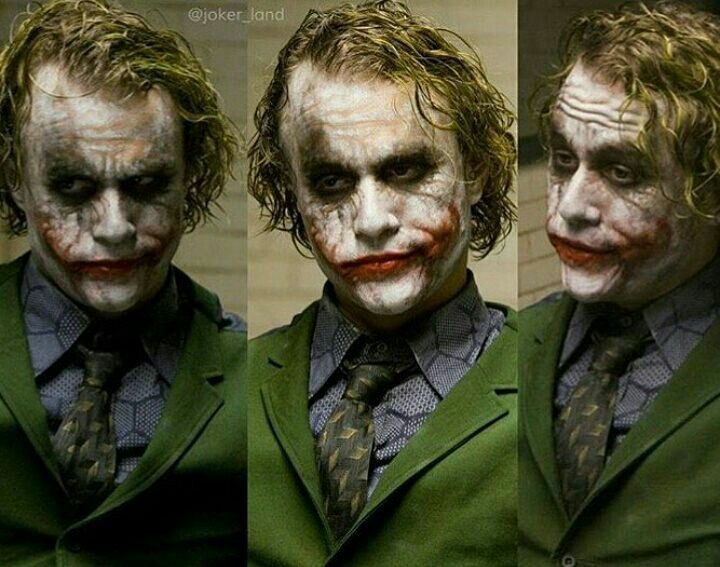 three different shots of the joker in green suit and tie with his hair pulled back