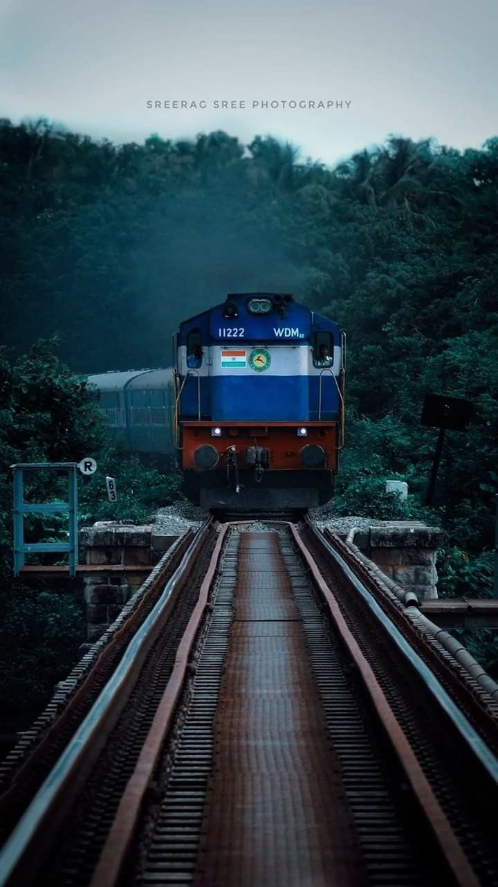 a blue and orange train is on the tracks near some trees in the foggy day