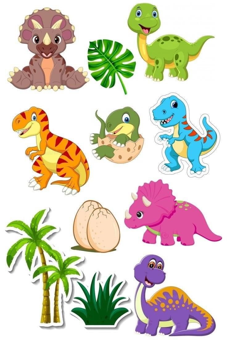 a bunch of stickers that are on top of a white surface with different types of dinosaurs