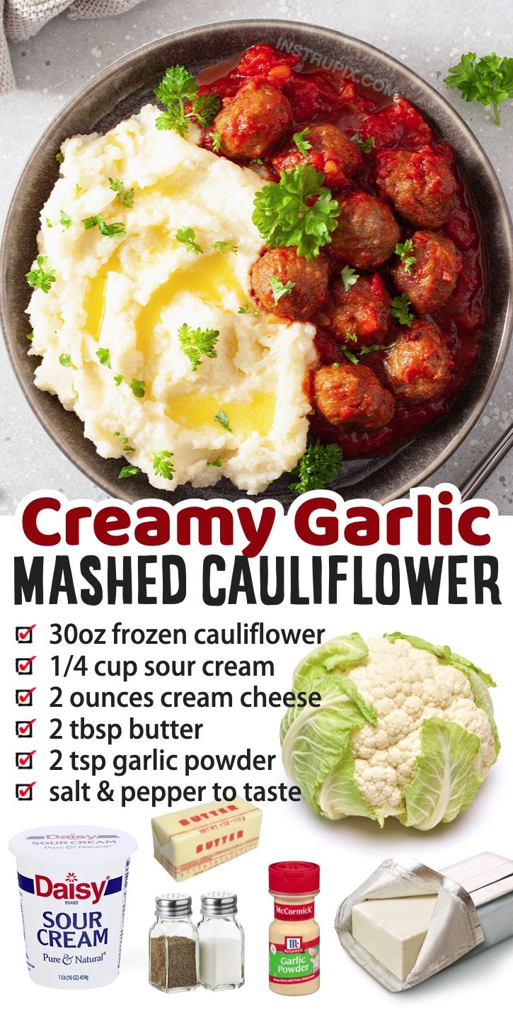 a poster advertising mashed cauliflower and other ingredients for creamy garlic mashed cauliflower