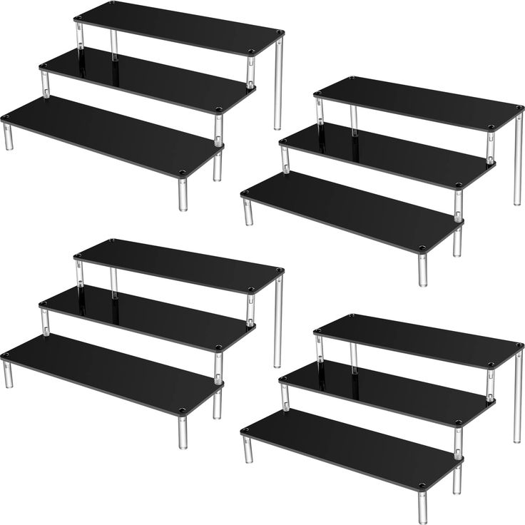 six black glass shelves with metal legs