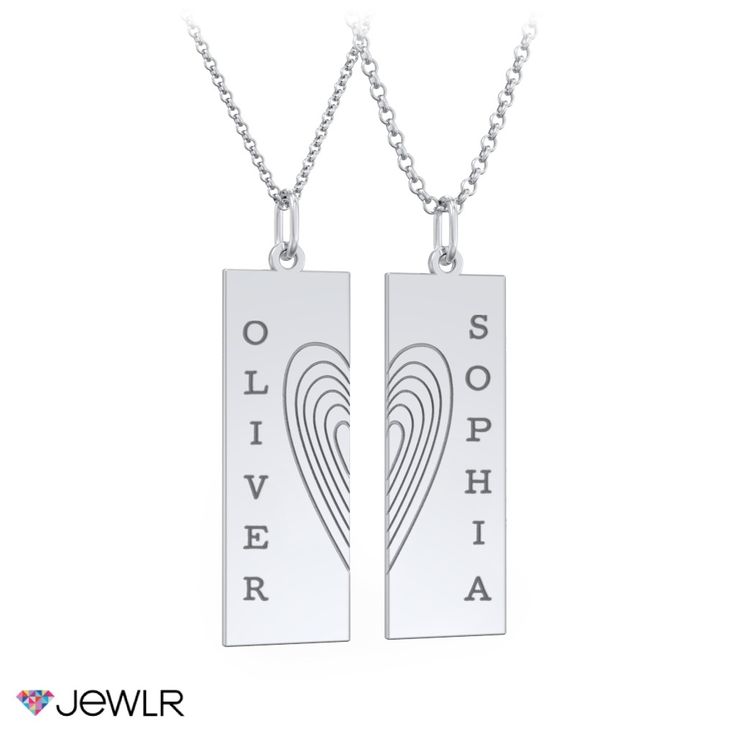 Create a unique symbol of modern love with the perfect gift for a couple, boyfriend and girlfriend, husband and wife, parent and child, siblings, or best friends. This stunning necklace set features a bar pendant with etched heart details, split in half and shared between two people. Crafted in sterling silver, personalize each half of the bar with a meaningful engraving and choose the perfect chain style and length for both halves. Your necklace set will arrive beautifully packaged as two separ Destined To Be Together, Pair Necklace, Friends Logo, Couples Necklace, Couple Boyfriend, Logo Necklace, Friend Logo, Unique Symbols, Boyfriend And Girlfriend