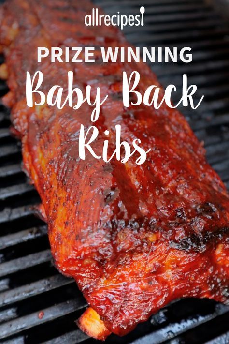 baby back ribs on the grill with text overlay that reads, prize winning baby back ribs