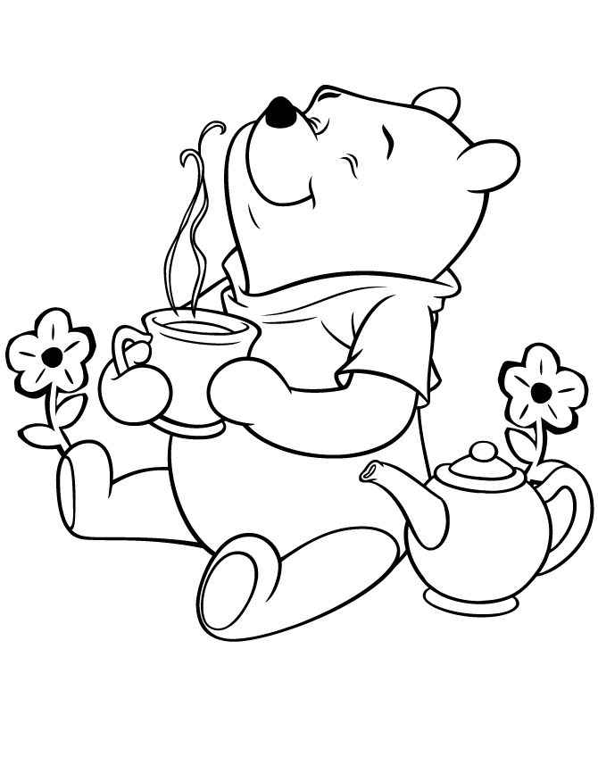 winnie the pooh holding a tea pot with flowers in its paws coloring pages for kids