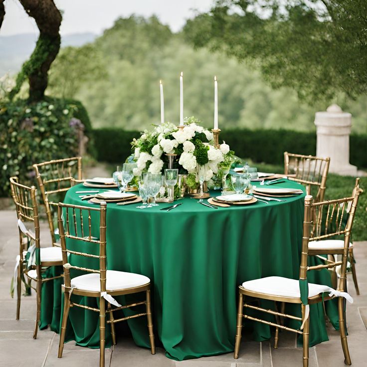 the table is set with green cloths and gold chairs, white flowers on each chair