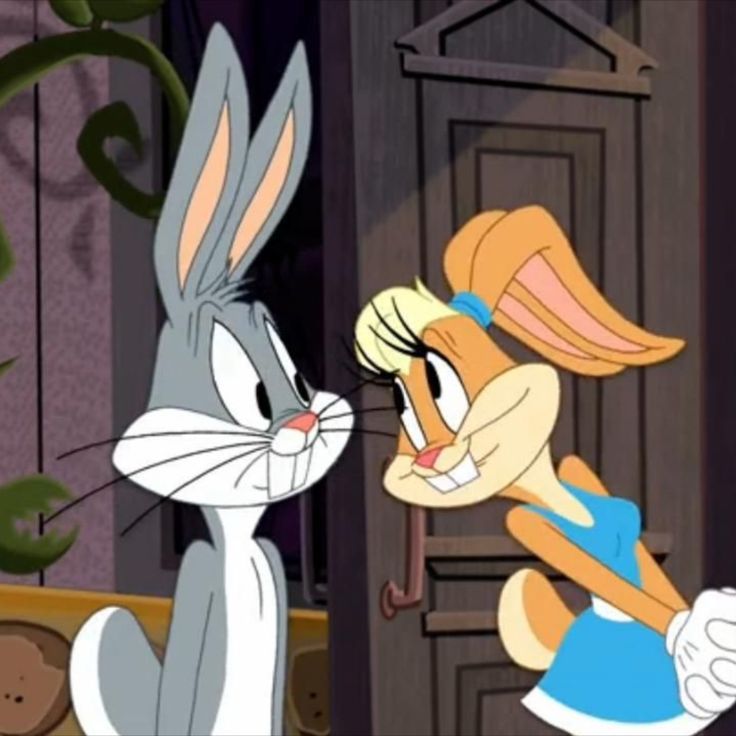 an animated rabbit is talking to another bunny in front of a door with its mouth open