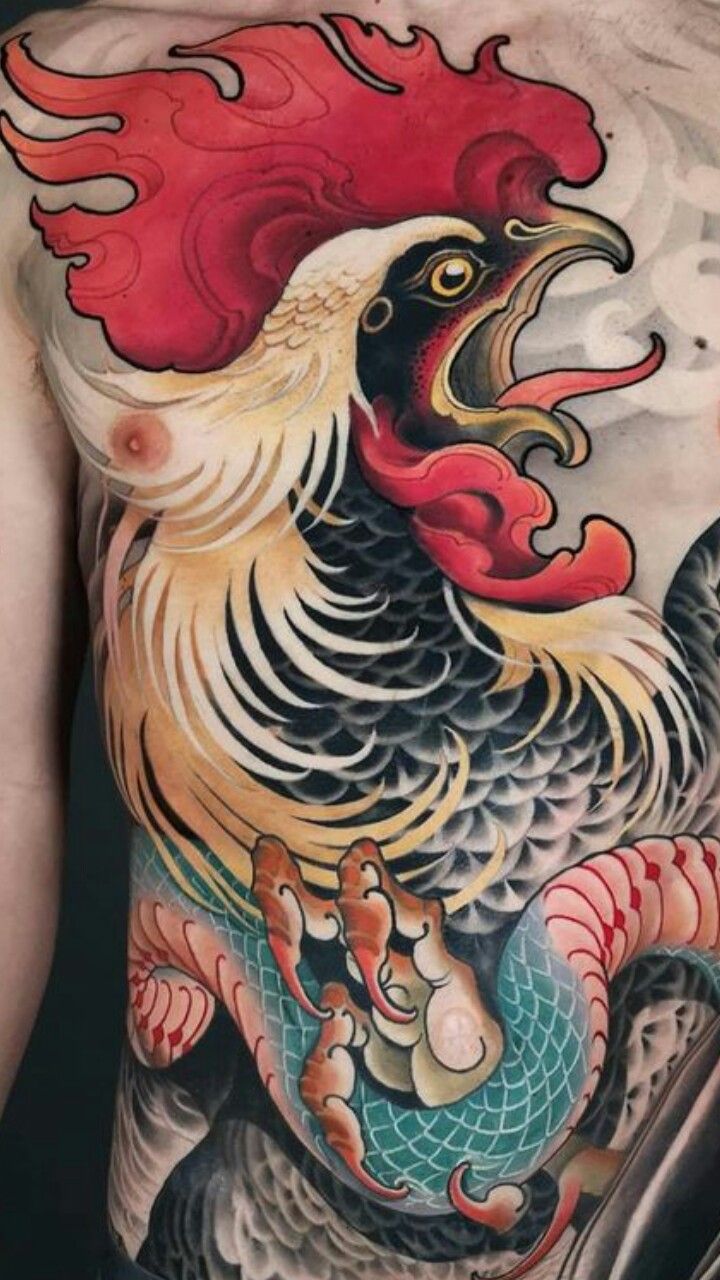 a man with tattoos on his chest has a rooster tattoo on it's back