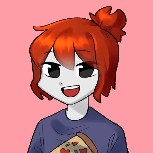 a drawing of a girl with red hair holding a slice of pizza